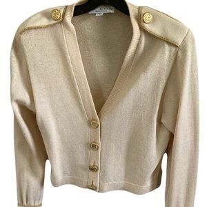 St John Santana Knit Cream Button-Up Knit Cardigan with Gold Buttons/Trim